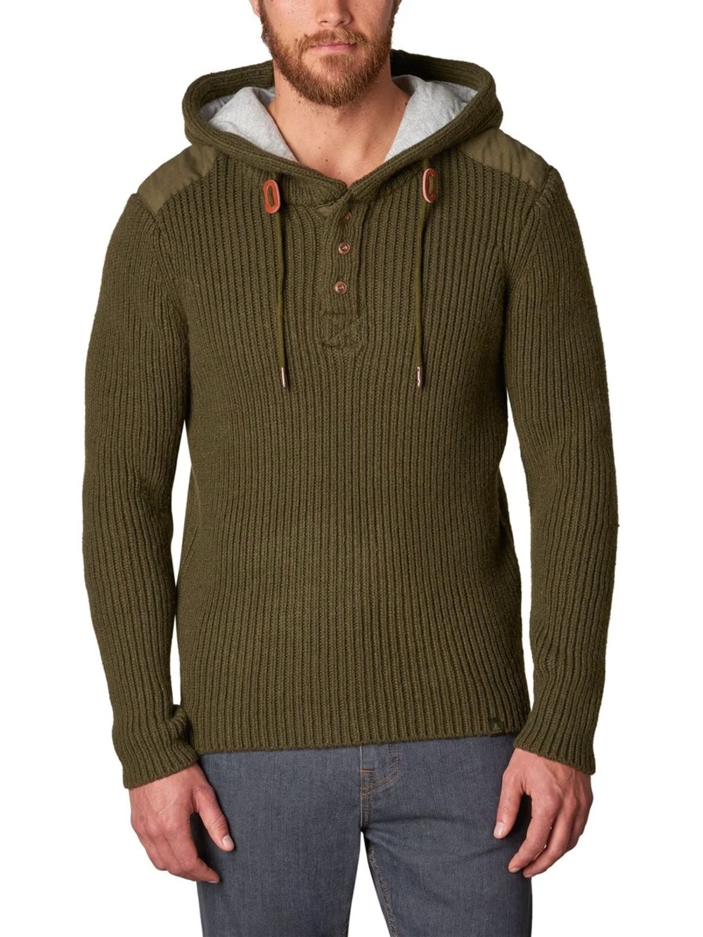Prana Donegal Lambswool Ribbed Hooded Henley Sweater, Olive Brown, XL